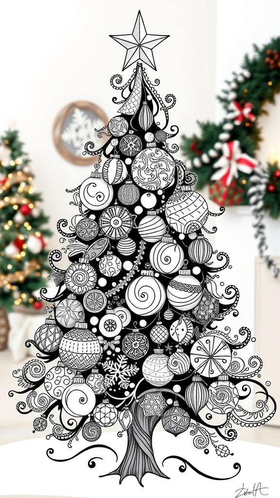 A zentangle Christmas tree art featuring intricate patterns and festive designs.